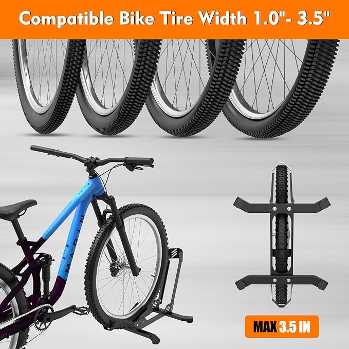 Bike Stand Floor, Portable Bike Storage for Garage - Fit for 24"-29" Bikes, Tire Width up to 3.5", Road & Mountain Bicycle Stand, Front and Rear Wheel Parking Rack - Black
