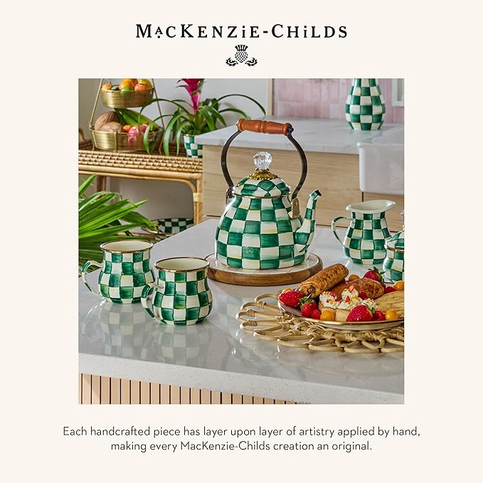 MACKENZIE-CHILDS Cookie Jar with Enamel Lid, Large Glass Treat Jar or Kitchen Jar, 1-Gallon Capacity, Green-and-White Emerald Check