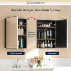 Keonjinn 40" x 30" Medicine Cabinets with Mirror for Bathroom, Brushed Nickel Recessed or Surface Wall-Mounted Aluminum Alloy Framed Beveled Mirror, Farmhouse Bathroom Mirror with Storage Cabinet