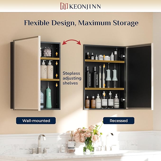 Keonjinn 40" x 30" Medicine Cabinets with Mirror for Bathroom, Brushed Nickel Recessed or Surface Wall-Mounted Aluminum Alloy Framed Beveled Mirror, Farmhouse Bathroom Mirror with Storage Cabinet