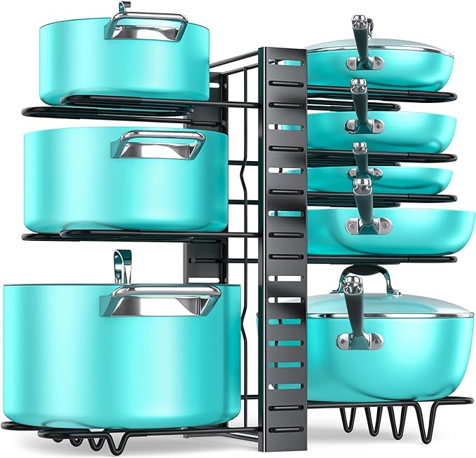 MUDEELA Pots and Pans Organizer Rack under Cabinet 16.61 Height, 8 Tiers Adjustable Pot Pan Rack with 3 DIY Methods, Pot Lid holder for Kitchen Cabinet Organizers and Storage
