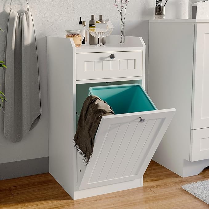 Single Tilt Out Trash Can Cabinet, Dog-Resistant, Fits 13.8"H Bins (Max 11.8"x11.8" Base), Easy Assembly, White for Kitchen & Laundry