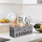 Suli Extra Large Kitchen Utensils Holder with 4 Compartments, Wooden Utensil Organizer for Kitchen Countertop, Farmhouse Decor, Rustic Cooking Utensil - Grey grain