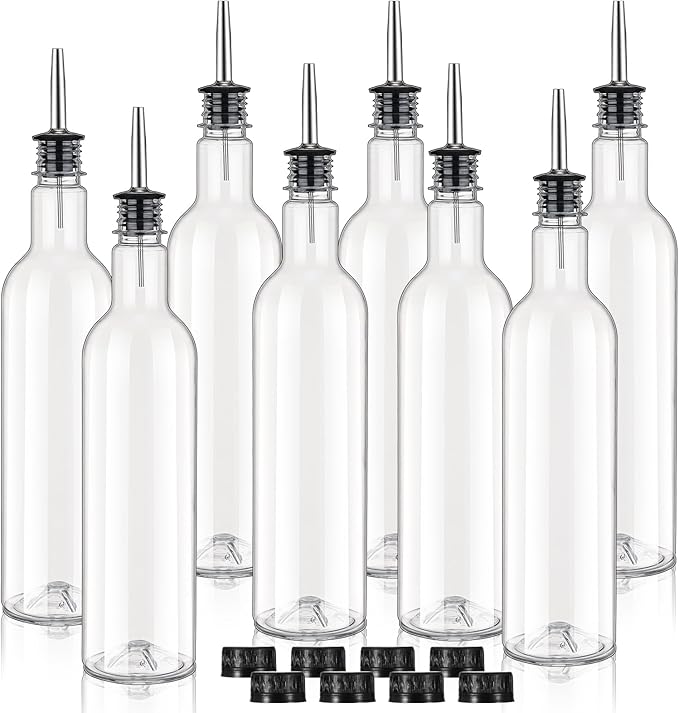 8 Pack 25 oz Syrup Bottle Plastic Long Neck Bottle with Stainless Steel Leakproof Tapered Spout Pourer and Cap Alcohol Juice Coffee Container for Home Bar Service Bartending Supplies