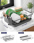 Kitsure Dish Drying Rack - Compact Dish Rack with Utensil Holder & Adjustable Water Outlet, Rust-Proof & Scratch-Resistant Drying Rack for Kitchen, 14.5" x 12.0" x 4.0", Grey