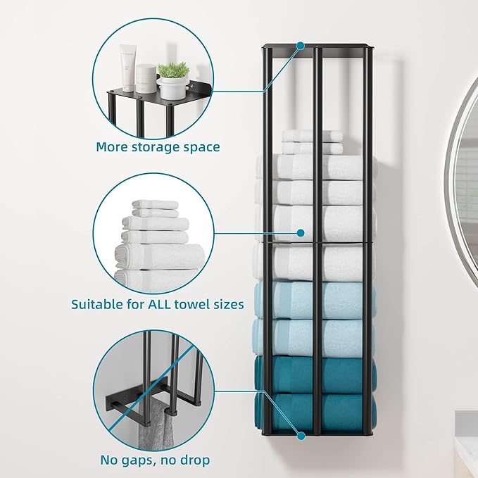 Towel Racks for Bathroom 31 Inch - Wall Mounted, Solid 2 Metal Shelves and 3 Vertical Bars, Can Holds 6 Large Rolled Bath Towels - for Modern Decor Bathroom Towel Storage (Matte Black)