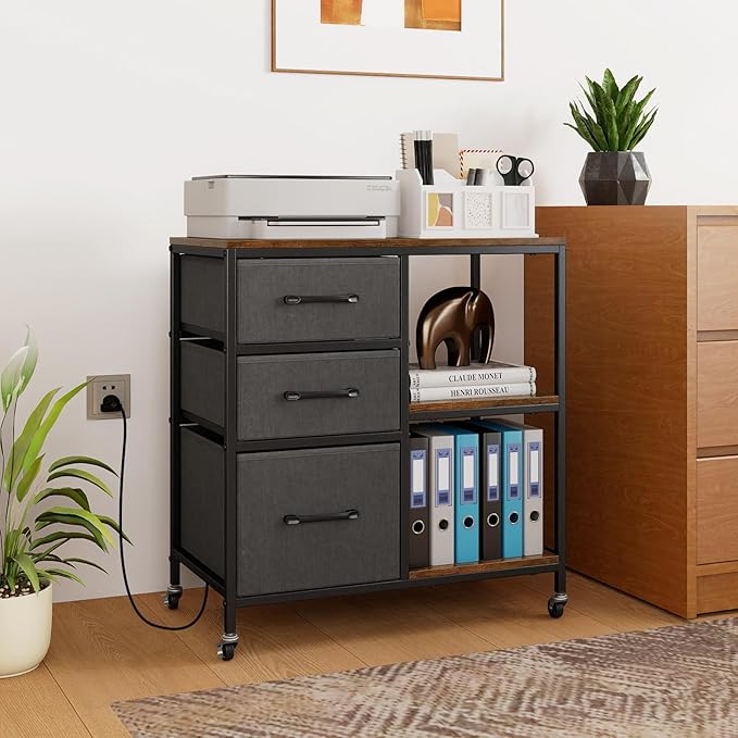 Giantex File Cabinet, Printer Stand with Storage, 3 Fabric Drawers, Open Storage Shelves, Charging Station, 4 Rolling Wheels (2 Lockable), Lateral Filing Cabinet for Home Office Organization (Grey)