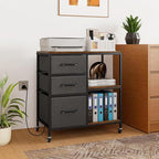 Giantex File Cabinet, Printer Stand with Storage, 3 Fabric Drawers, Open Storage Shelves, Charging Station, 4 Rolling Wheels (2 Lockable), Lateral Filing Cabinet for Home Office Organization (Grey)
