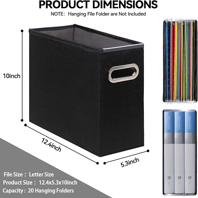 4 Pack Letter Size File Storage Box Collapsible, Fabric Hanging File Folders Organizer, Portable Office Document Holder with Metal Handle, Smooth PVC Rails, Black