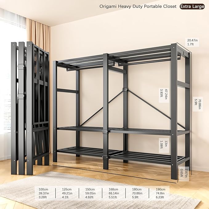 Heavy Duty Portable Closet with Cover Magnetic Doors, Metal Rolling Clothes Rack Heavy Duty 1500LBS, Foldable Clothing Rack, Garment Racks for Bedroom/ LivingRoom/ Rental (KT Woodgrain Black, 74.8in)