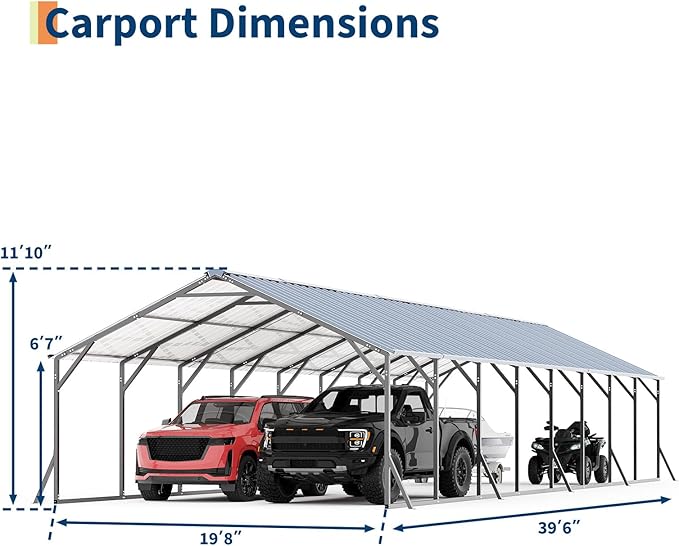 GarveeLife 20'x40'x12' Metal Carport for Multiple Vehicles, Heavy Duty Car Ports, Vertical Roof Design, All-Weather Use, for Full-Size Pickup Trucks, Boats, and Tractors