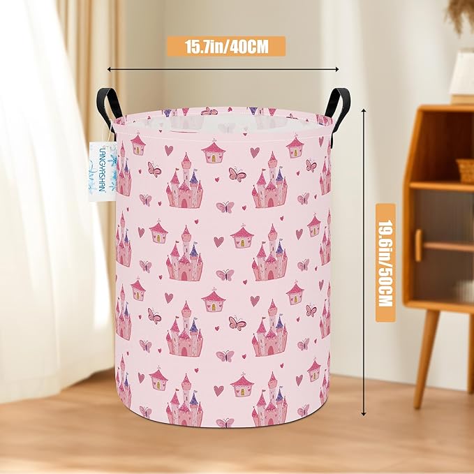 LANGYASHAN Laundry Basket Canvas Fabric Collapsible Organizer Basket for Storage Bin Toy Bins Gift Baskets Bedroom Clothes Children Nursery Hamper (Pink Castle)