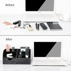 KINGFOM Pu Leather Desk Organizer Pen Pencil Holder Office Supplies Caddy Storage Box 6 Compartments with Drawer Black