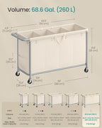 SONGMICS Laundry Basket with Wheels, 4-Section Rolling Laundry Hamper, 68.6 Gallons (260 L), Removable Liner, Steel Frame with Handle, 43.3 x 15.4 x 31.9 Inches, Cream White URLS014W01