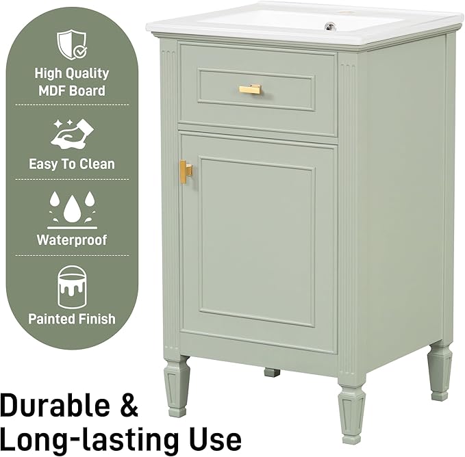 20 in Small Bathroom Vanity with Sink,Soft Closing Door,Tilt-Out Drawer and Adjustable Shelf,Solid Wood Frame Modern Single Bathroom Sink Cabinet,Freestanding (Green)