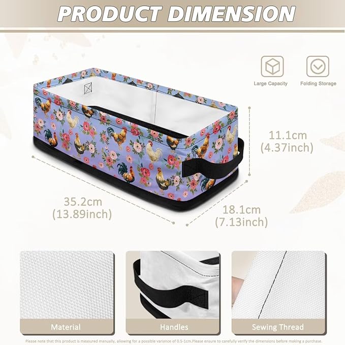 Bathroom Storage Basket Foldable Storage Bin with Handles for Easy Carrying, Rectangular Toilet Paper Organizer for Countertops Laundry Decor, Rooster Chicken Rose Blue Violet Gradient
