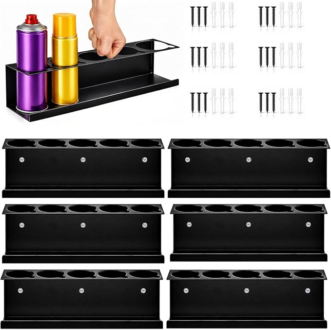 6 Pack Wall-Mounted Spray Bottle Holder, Heavy-Duty Steel Black Aerosol Can Storage Rack with 30 Holes, Spray Paint Can Organizer for Garage, Shop, Home, Tool Trailer & Service Truck