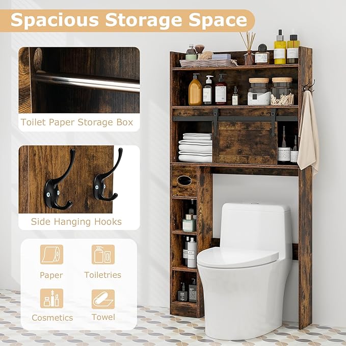 Giantex Over The Toilet Storage Cabinet, Farmhouse Space Saver with Sliding Door, Toilet Paper Holder, Side Hooks & Adjustable Shelves, Over Toilet Bathroom Organizer for Laundry, Restroom (Brown)