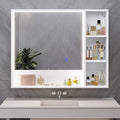 Hasuit Lighted Medicine Cabinet with Mirror and Shelves, Modern Bathroom Medicine Cabinet with Open Storage, Aluminum Channel LED Lights, 35.4'' x 30.7'', White