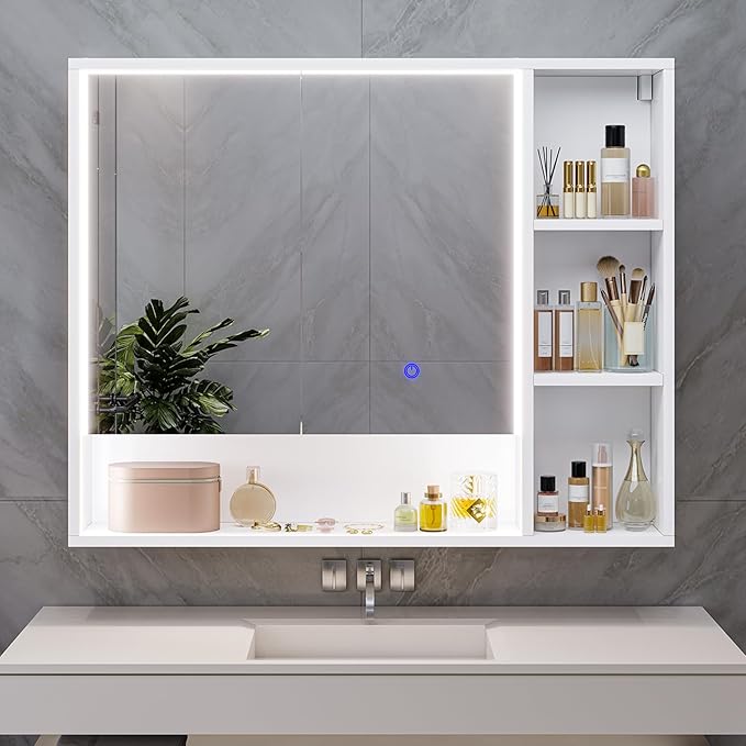 Hasuit Lighted Medicine Cabinet with Mirror and Shelves, Modern Bathroom Medicine Cabinet with Open Storage, Aluminum Channel LED Lights, 35.4'' x 30.7'', White