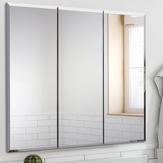 Design House Cyprus Medicine Cabinet, 3 Frameless Mirrored Doors, 2 Adjustable Shelves, Pre-Assembled, Surce or Recess-Mounted, White, 36.3 in. W x 4.4 in. D x 30.1 in. H, 590265