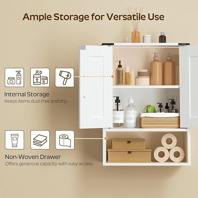Bathroom Wall Cabinet, Medicine Cabinet with Fabric Drawer, Double-Door Wall Mounted Storage Cabinet, 2 Hooks, Over The Toilet Space Saver Storage Cabinet, for Bathroom, Kitchen, White