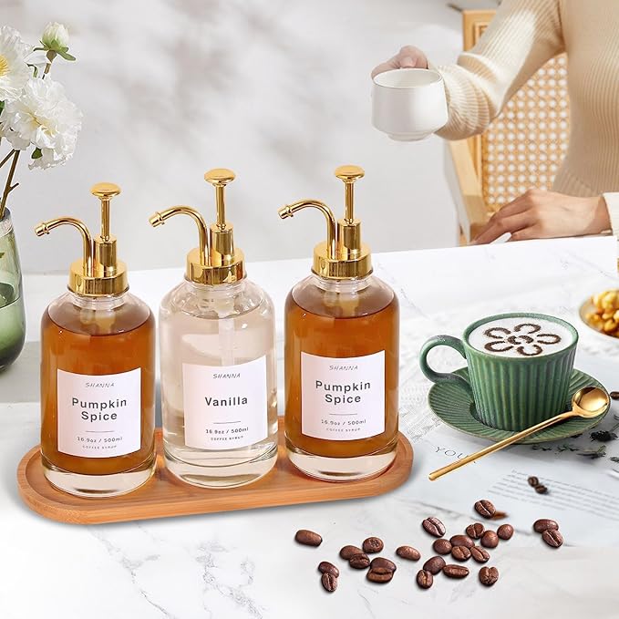 Coffee Syrup Dispenser for Coffee Bar, 16.9oz 500ml Glass Syrup Dispenser w Golden Coffee Scoop, Coffee Syrup Pump Dispenser w 36 Labels and Bamboo Tray, Coffee Syrup Bottles with Golden Pump, 3PCS