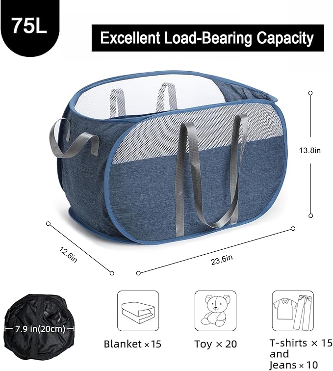 Collapsible Laundry Baskets, Pop Up Laundry Baskets with Reinforced Handles, Lightweight Foldable Laundry Basket for LaundryRoom, Bathroom or Travel (Blue)