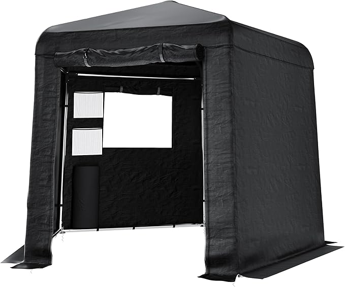AMERLIFE Heavy-Duty 9.7×10.2×8.4 FT Pentagonal Black Storage Shed, Portable Garden Shelter with Large PVC Windows, Mesh Storage Pockets & Ceiling Hooks