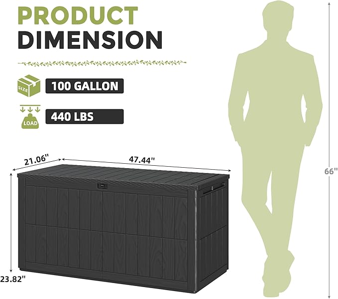 UDPATIO 100 Gallon Deck Box, Outdoor Storage Box Lockable Waterproof Resin, Indoor Outdoor Storage Container for Patio Cushions, Garden Tools,Package Delivery Boxes for outside