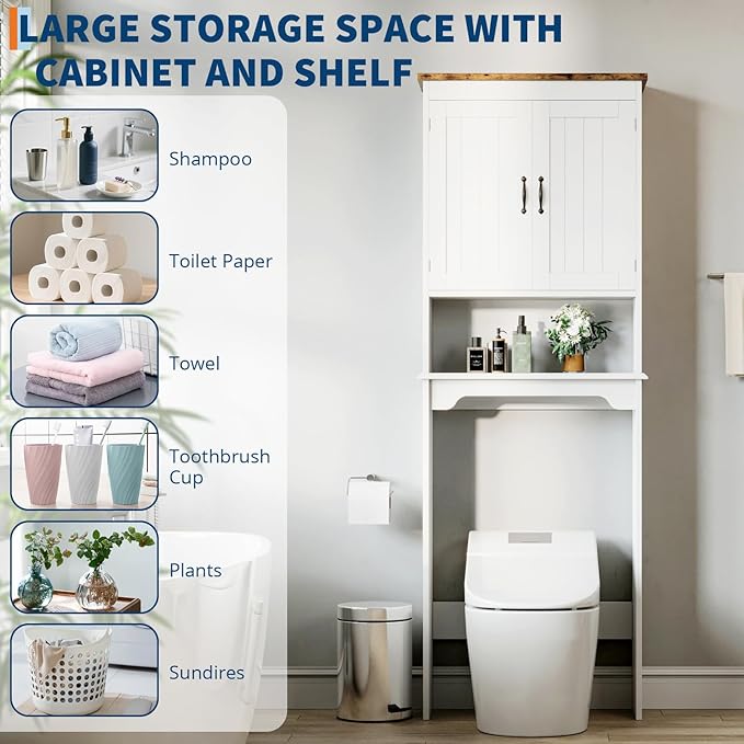 Garvee 66''H Over the Toilet Storage Cabinet, Bathroom Shelf Over Toilet, Bathroom Storage Cabinet Organizer with Double Doors & Adjustable Shelves Free Standing Toilet Shelf for Bathrooms, White