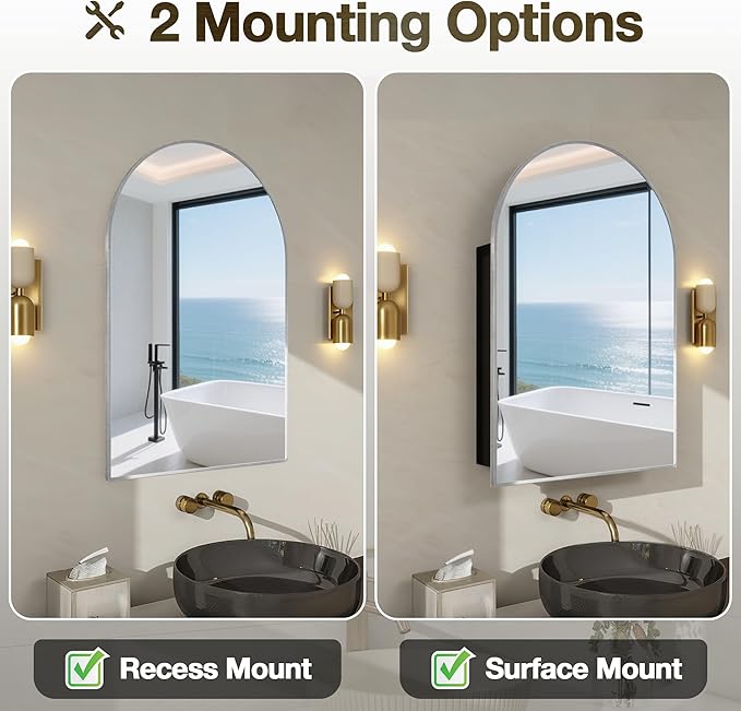 Arched Medicine Cabinet Mirror No Assembly Needed Bathroom Mirror with Storage Recessed or Surface Mount Options (Silver, 36" L x 24" W)