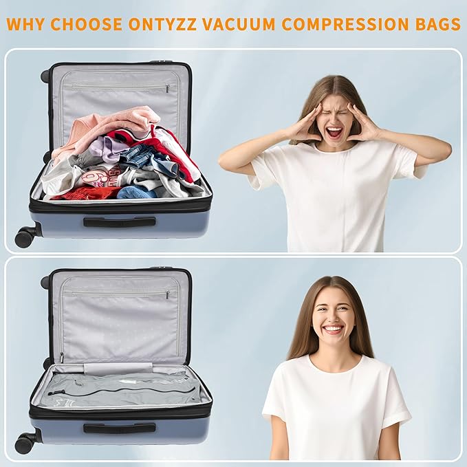 ONTYZZ Vacuum Bags for Travel, Reusable Vacuum Compression Bag, Recycled IPX8 Waterproof Space Saver Bag for Luggage/Camping/Home Storage (2 Pack with Air Pump-Grey)