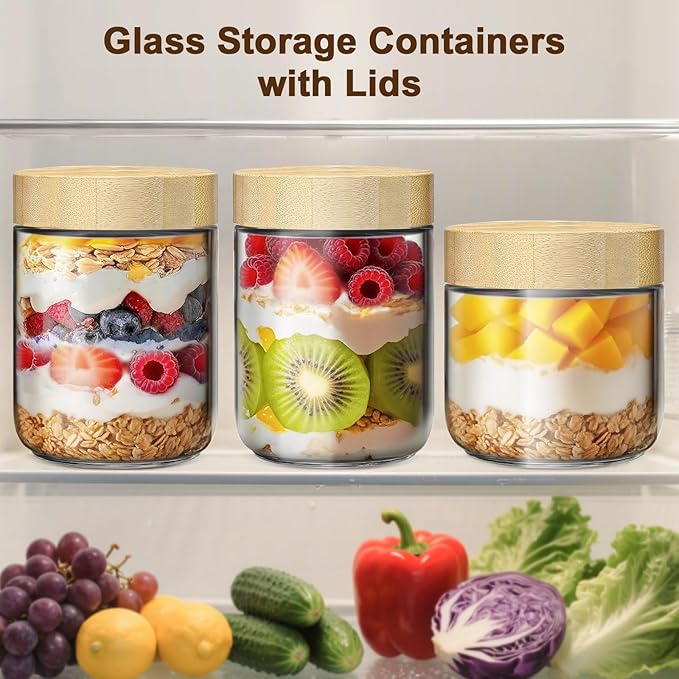 6 Pack 10oz Glass Jars with Bamboo Lids, Overnight Oats Containers with Airtight Lids, Storage Containers Wide Mouth Mason jars for Salad,Yogurt, Sugar, Snacks, Spices