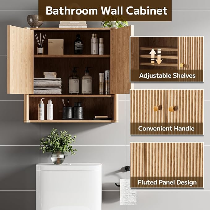 Bathroom Wall Cabinet, Medicine Cabinet with Adjustable Wood Shelf & Doors, Over The Toilet Storage Organizer Wall Mounted Storage Cabinet for Laundry Room, Kitchen, Living Room, Cupboard, OAK