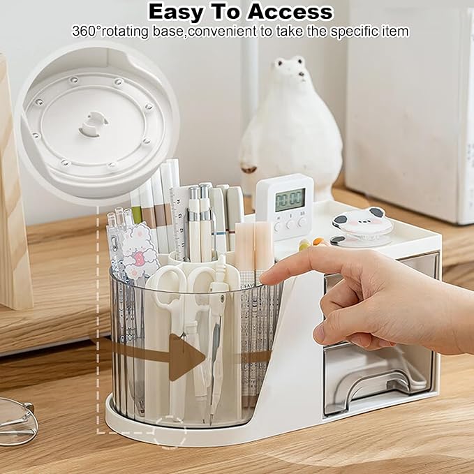 Marte Vanci 360° Rotating Desk Organizer with 2 Drawer, Desktop Rotating Pen Holder with 6 Slots, Small Makeup Organizer, Multifunctional Desk Accessories for Office, Home(White)