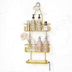 SWTYMIKI Bathroom Shower Caddy Hanging - 3 Tier Rustproof Over Shower Head Organizer, No Drilling Bathroom Shelf with 16 Hooks & Soap Holder, Anti-Swing Rack for Shampoo,Sponge,Towel, Gold