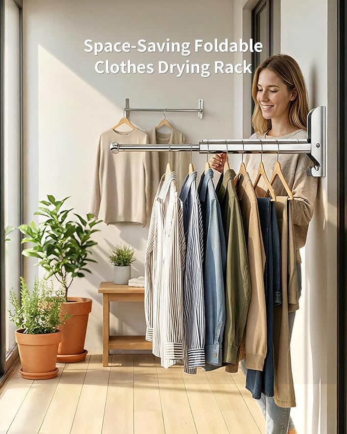 Wall Mounted Drying Rack 13" Foldable Clothes Hanger Silver Pull-Out Clothes Drying Rod for Laundry, Closets, Rntryway (1, 13" Silver)