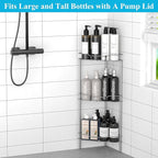 3 Tier Floor Standing Corner Shower Caddy Organizer Shelf with Hooks, Bathroom Shelves Stand Rack, Gray