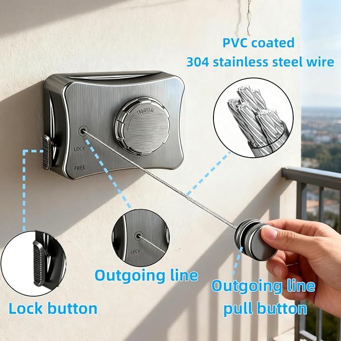 Retractable Clothesline,Heavy Duty Outdoor Clothes Drying Laundry Line Wall Mounted Stainless Steel Line-16.7 Feets(Gray)