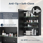 Medicine Cabinet 16x24 Inch, Aluminum Bathroom Mirror Cabinet with Storage, Recessed or Surface Mount, Black Vanity Storage Unit with 3 Anti-Tip Adjustable Acrylic Shelves, Soft Close Hinge