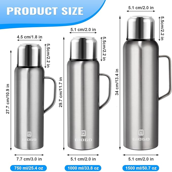Insulated Vacuum Thermo Bottle 1000ml/33.8oz with Cup Stainless Steel Coffee Bottles for Hot and Cold Drink Water Flask.(Silver, with Handle, 1000ml)