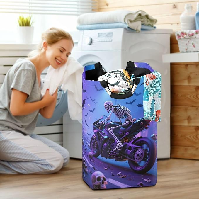 Skeleton Motorcycle Laundry Basket for College Dorm,50L Collapsible Portable Laundry Hamper Storage Basket for Toys Clothes Organizer