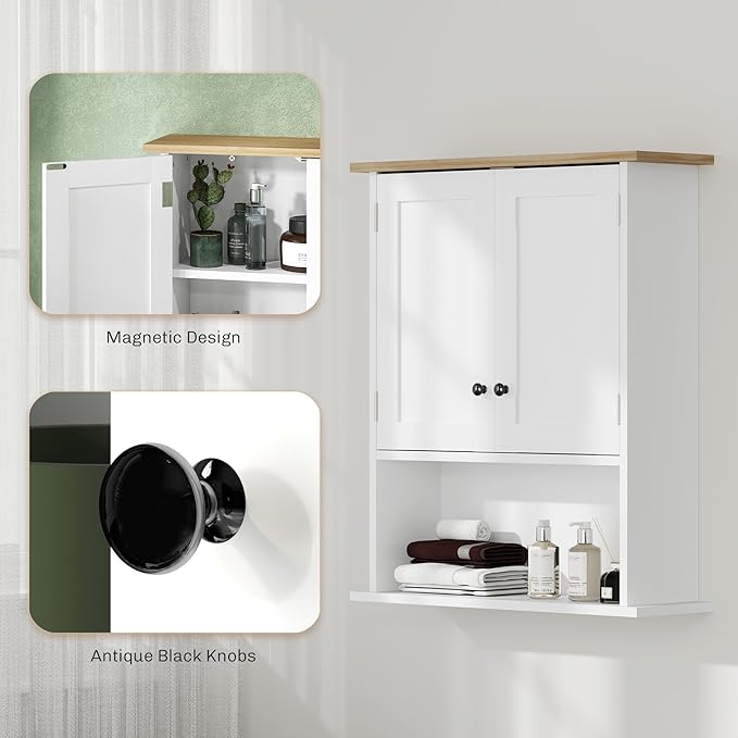 HOMCOM Bathroom Wall Cabinet, Modern Bathroom Cabinet Wall Mounted Medicine Cabinet with 2 Doors, Adjustable Shelf, Over the Toilet, White