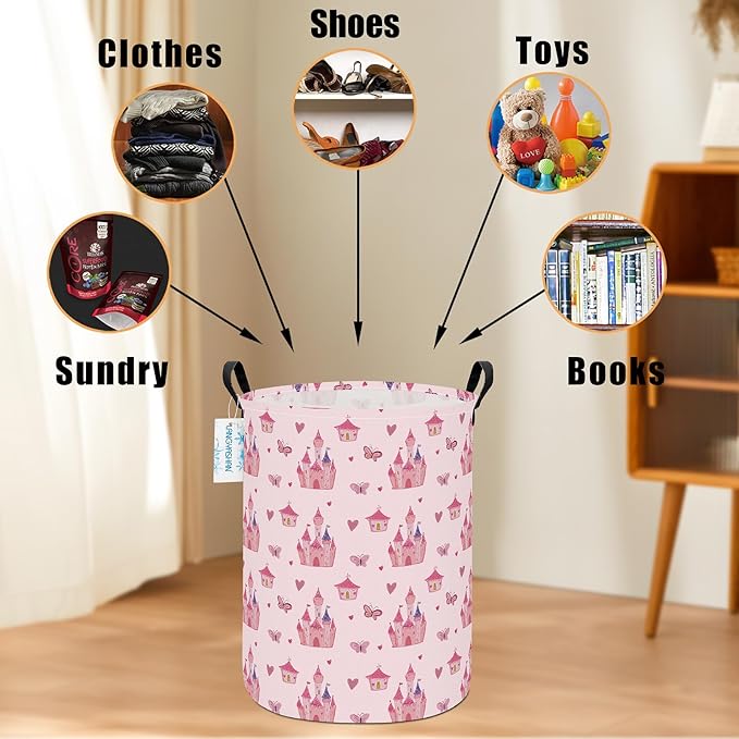 LANGYASHAN Laundry Basket Canvas Fabric Collapsible Organizer Basket for Storage Bin Toy Bins Gift Baskets Bedroom Clothes Children Nursery Hamper (Pink Castle)