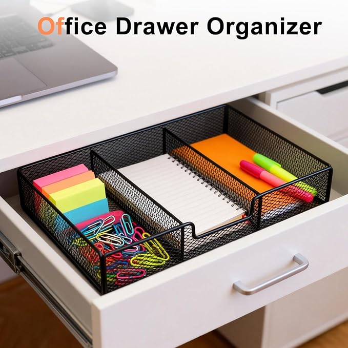 Desk Drawer Organizer, Office Junk Drawer Organizer Tray with 3 Compartments, Metal Mesh Pen Pencil Storage Box for School Office Desk Accessories Supplies Cosmetic Organization, 12.59x9.25x2.36 in