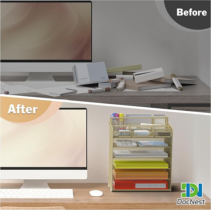 Docnest 6 Tier Mesh Desk Organizer for Paper Office Supplies – Multi-Functional Letter Tray with 5 Adjustable Compartments, 8 Pen Holders, Desktop Storage for Files, Mail, Stationery – Gold