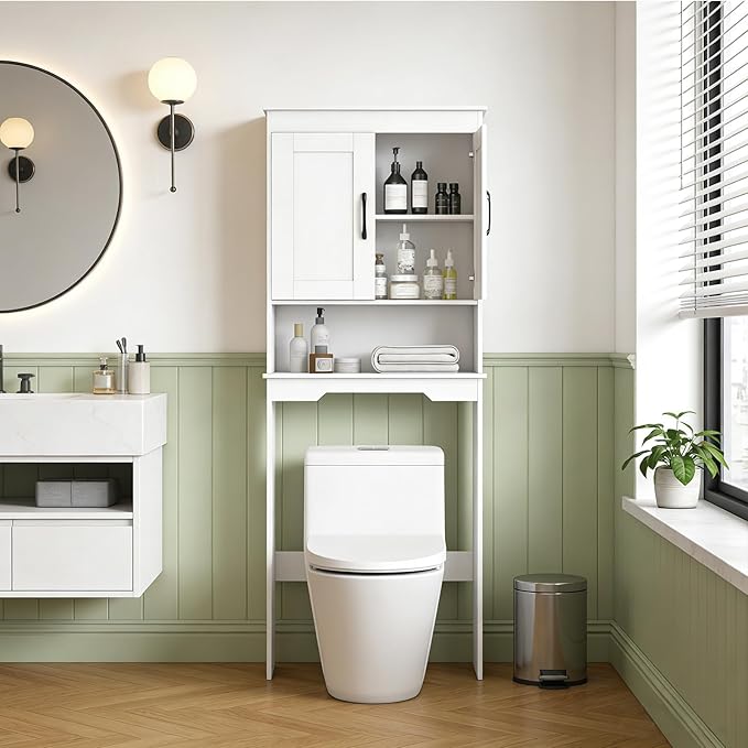 Giantex Over The Toilet Storage Cabinet, Double Door Space Saver Above Toilet with Adjustable Shelf & Open Storage Cube, Over Toilet Bathroom Organizer for Restroom, Laundry Room, White