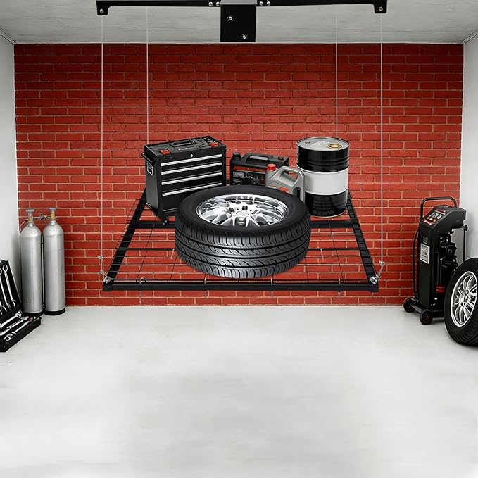 Ceiling Mount Garage Storage Rack, 4x4 Ft Overhead Lifting Storage Rack with 250 lbs Capacity, Adjustable Max Height 8 Ft with Crank Handle, Carbon Steel for Garage Warehouse Organization, Black