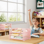 Subekyu 2-Pack 3-Tier Pink Metal Mesh Desk Paper Letter Tray & File Sorter Organizer with Handle + 1 Sliding Tray for Desk, Home, Office, School Supplies, A4 Paper and Accessories Storage